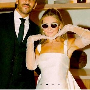 Yvaine NWT white satin mini bridal dress corset XL detachable bow veil gloves